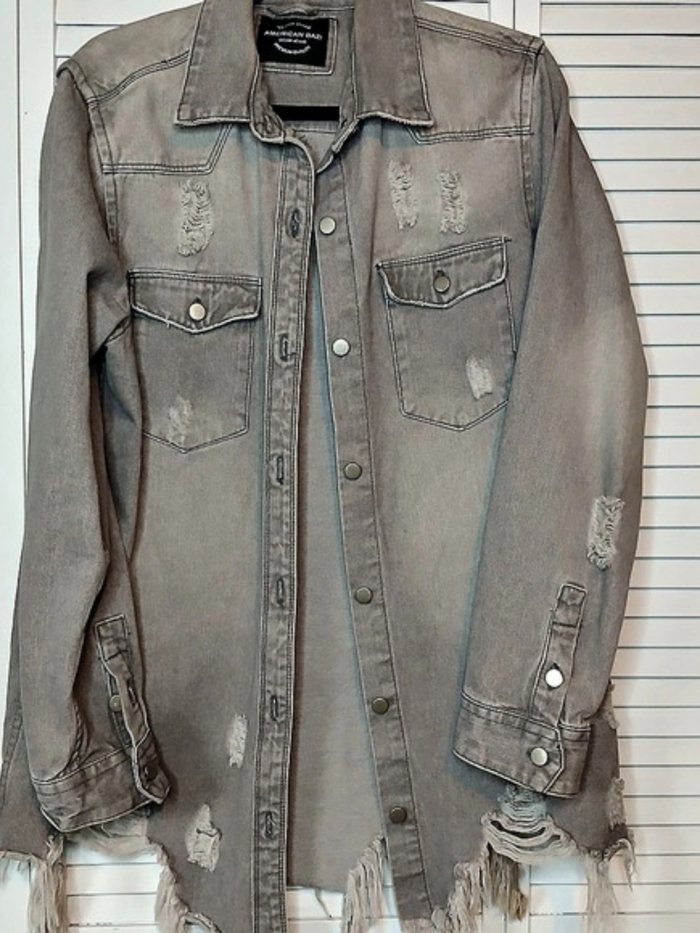 American Bazi Gray Distressed Longline Denim Jacket Large